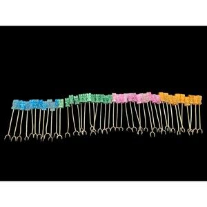 Vtg Set Of 44 Carved Stone Tiki Aztec Head Hors D'oeuvres Forks Blue Green Pink+